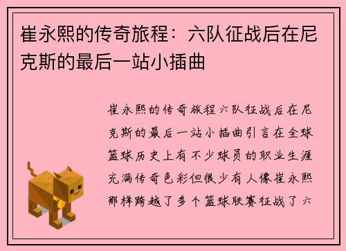 崔永熙的传奇旅程：六队征战后在尼克斯的最后一站小插曲