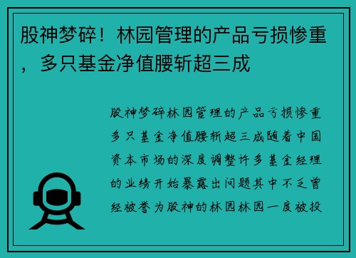 股神梦碎！林园管理的产品亏损惨重，多只基金净值腰斩超三成