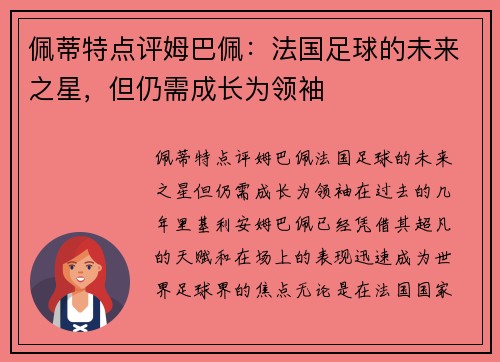 佩蒂特点评姆巴佩：法国足球的未来之星，但仍需成长为领袖