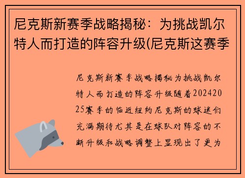 尼克斯新赛季战略揭秘：为挑战凯尔特人而打造的阵容升级(尼克斯这赛季)