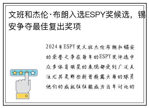 文班和杰伦·布朗入选ESPY奖候选，锡安争夺最佳复出奖项