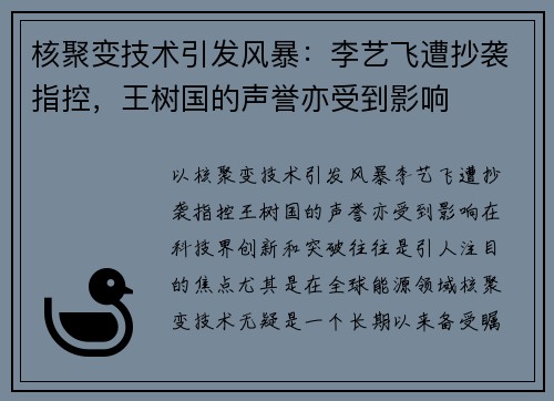 核聚变技术引发风暴：李艺飞遭抄袭指控，王树国的声誉亦受到影响