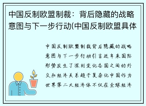 中国反制欧盟制裁：背后隐藏的战略意图与下一步行动(中国反制欧盟具体措施)