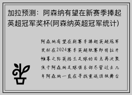 加拉预测：阿森纳有望在新赛季捧起英超冠军奖杯(阿森纳英超冠军统计)