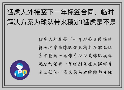 猛虎大外接签下一年标签合同，临时解决方案为球队带来稳定(猛虎是不是nba球队)