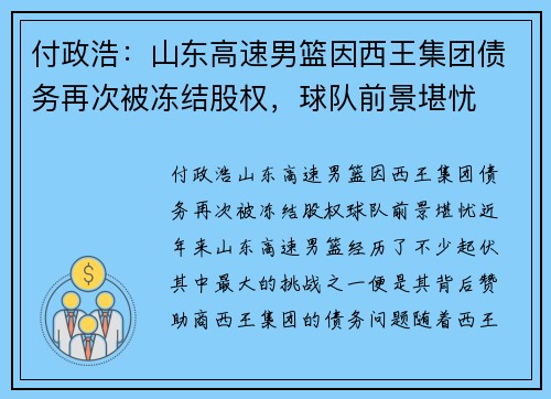付政浩：山东高速男篮因西王集团债务再次被冻结股权，球队前景堪忧